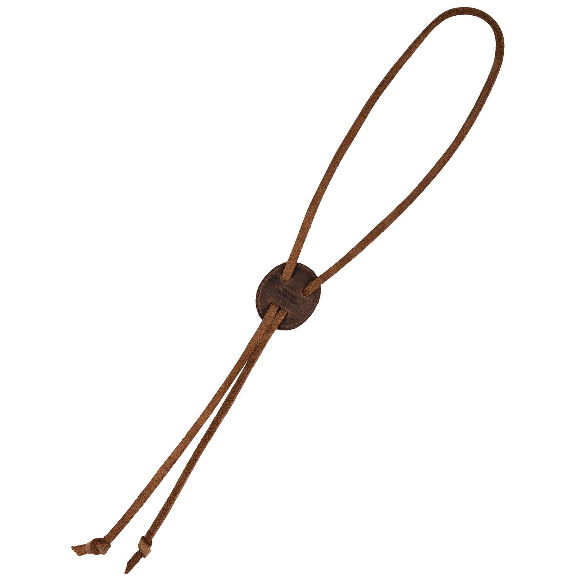 Elegant Cowboy Bolo Tie by Western Leather Works, featuring a round shape with a unique design. This necktie costume accessory is crafted from premium full grain leather, representing small batch production and artisan craftsmanship in La Antigua Guatemala & Oaxaca Mexico.
