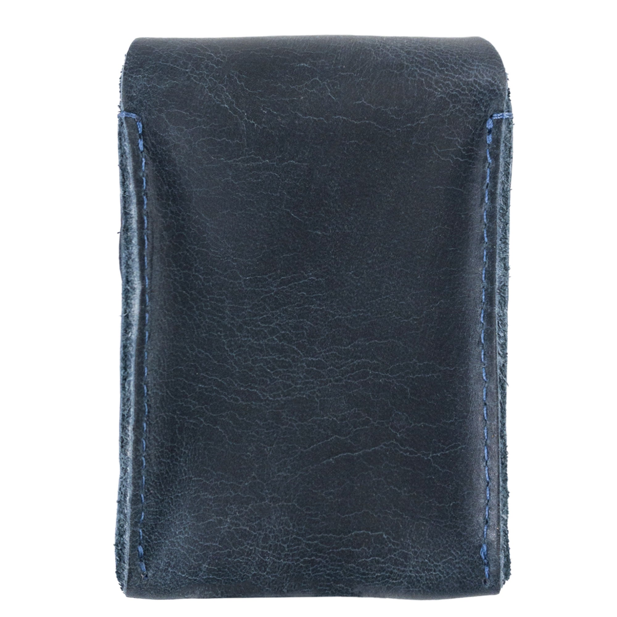 The back of Hide & Drink's navy Playing Card Case showcasing its smooth finish. This classic case for playing cards (not included) ensures secure storage for your travel accessory, made from full grain leather. Quality craftsmanship from StockyardX highlights this product's artisan nature.