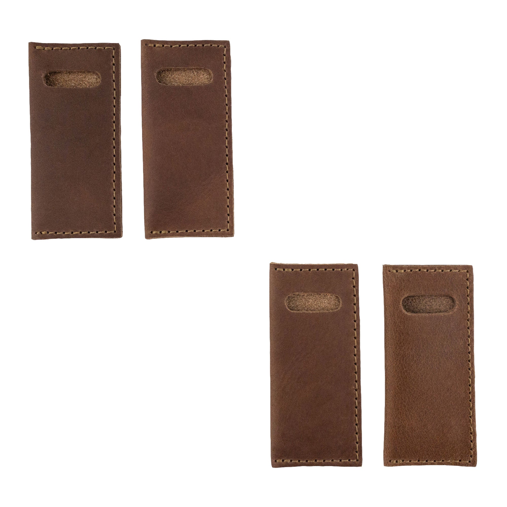 Hide & Drink Tooth Pick Case (4 Pack) displaying a set of dark leather holders for toothpicks ready for use. Set of 4 Tooth Pick Cases, Cooking Accessories, Full Grain Leather, StockyardX, Small Batch Production, Hand Cut, Hand Sewn, Fire Branded, Artisan, Handmade in La Antigua Guatemala & Oaxaca Mexico.