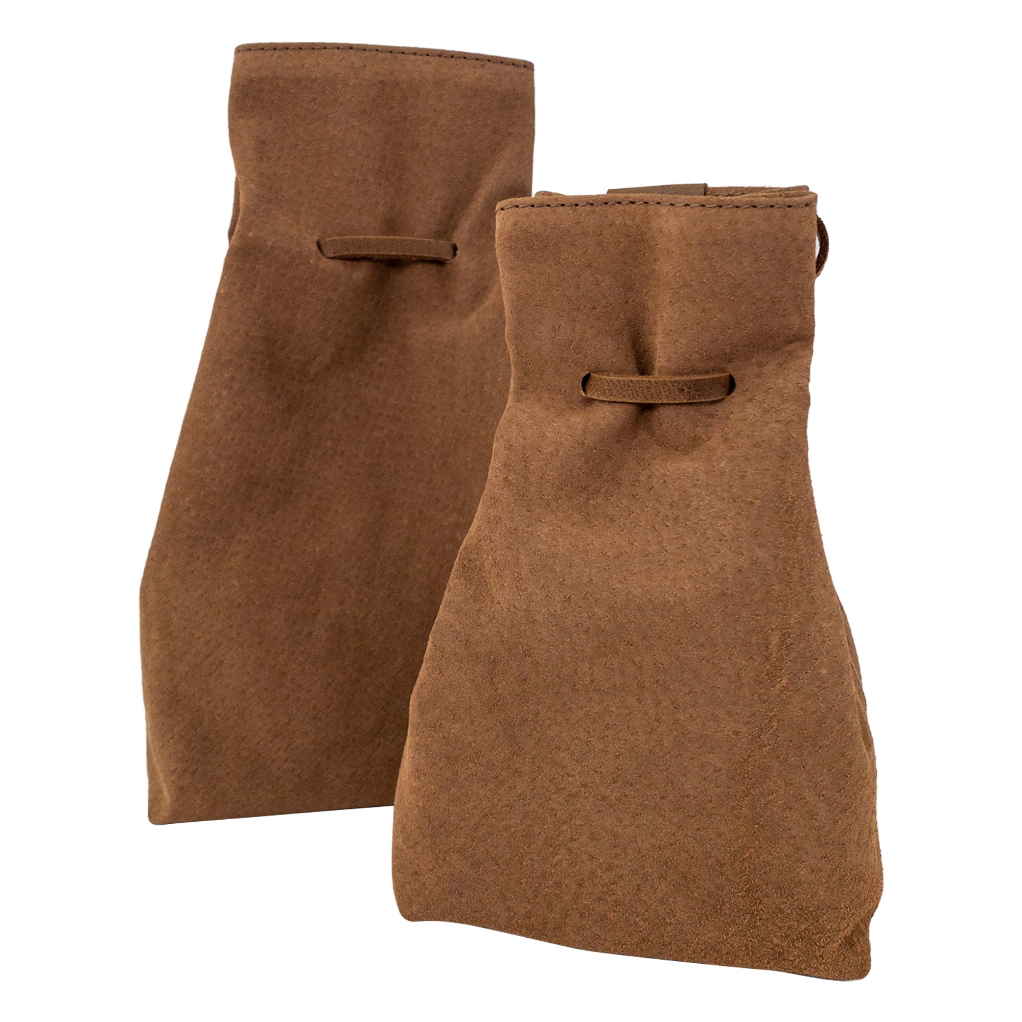 Close-up of the exterior of Hide & Drink's Drawstring Sack (2 pack) in brown, highlighting the fine stitching and leather quality. Drawstring Sack (2 pack) Handmade from Sheepskin and Full Grain Leather, StockyardX, Small Batch Production, Hand Cut, Hand Sewn, Fire Branded, Artisan, Handmade in La Antigua Guatemala & Oaxaca Mexico.