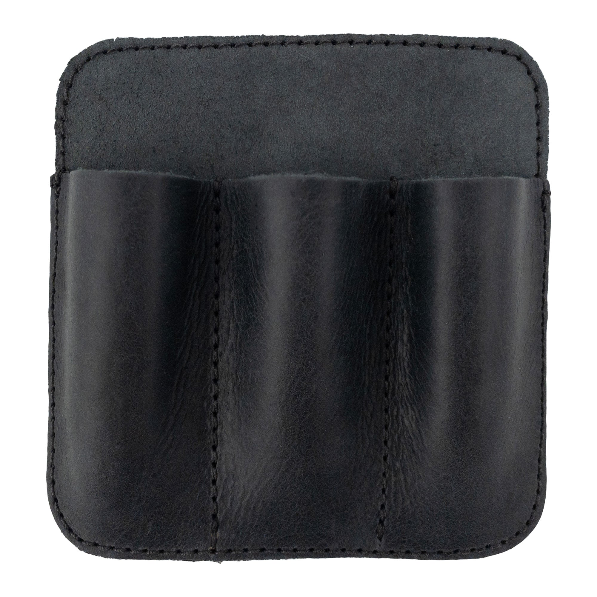 Front view of the Hide & Drink Minimalist Tool Pocket in a sleek black finish, presenting its elegant design. This Tool Pocket Pouch, crafted from Full Grain Leather, is hand cut and sewn, highlighting the skill of local artisans in La Antigua Guatemala with a commitment to small batch production.
