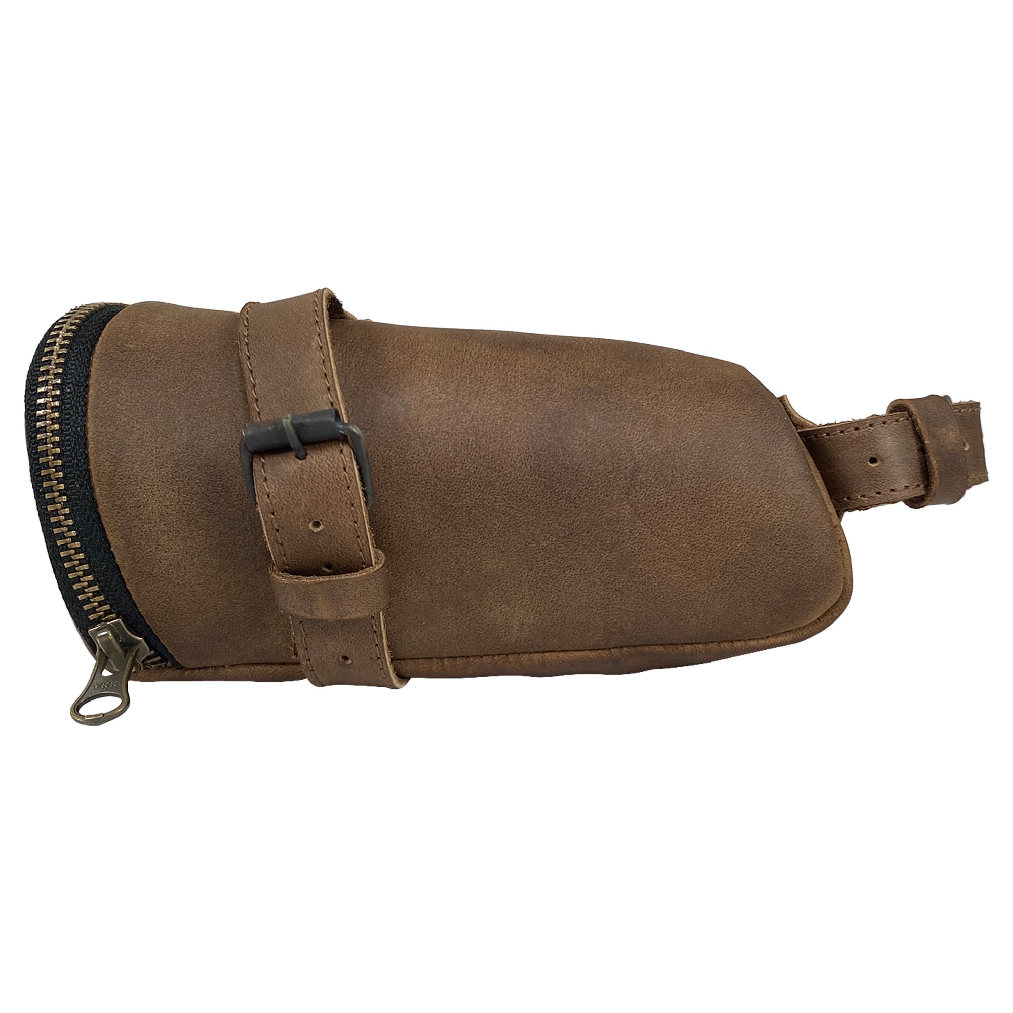 Side view of the Hide & Ride Under Seat Pouch, highlighting its zipper closure and design for easy access. This Bicycle Under Seat Pouch is a great accessory bag for bikers, perfect for organizing essentials. Made with full grain leather, it supports small batch artisan craftsmanship in La Antigua Guatemala & Oaxaca Mexico, reflecting quality and functionality.