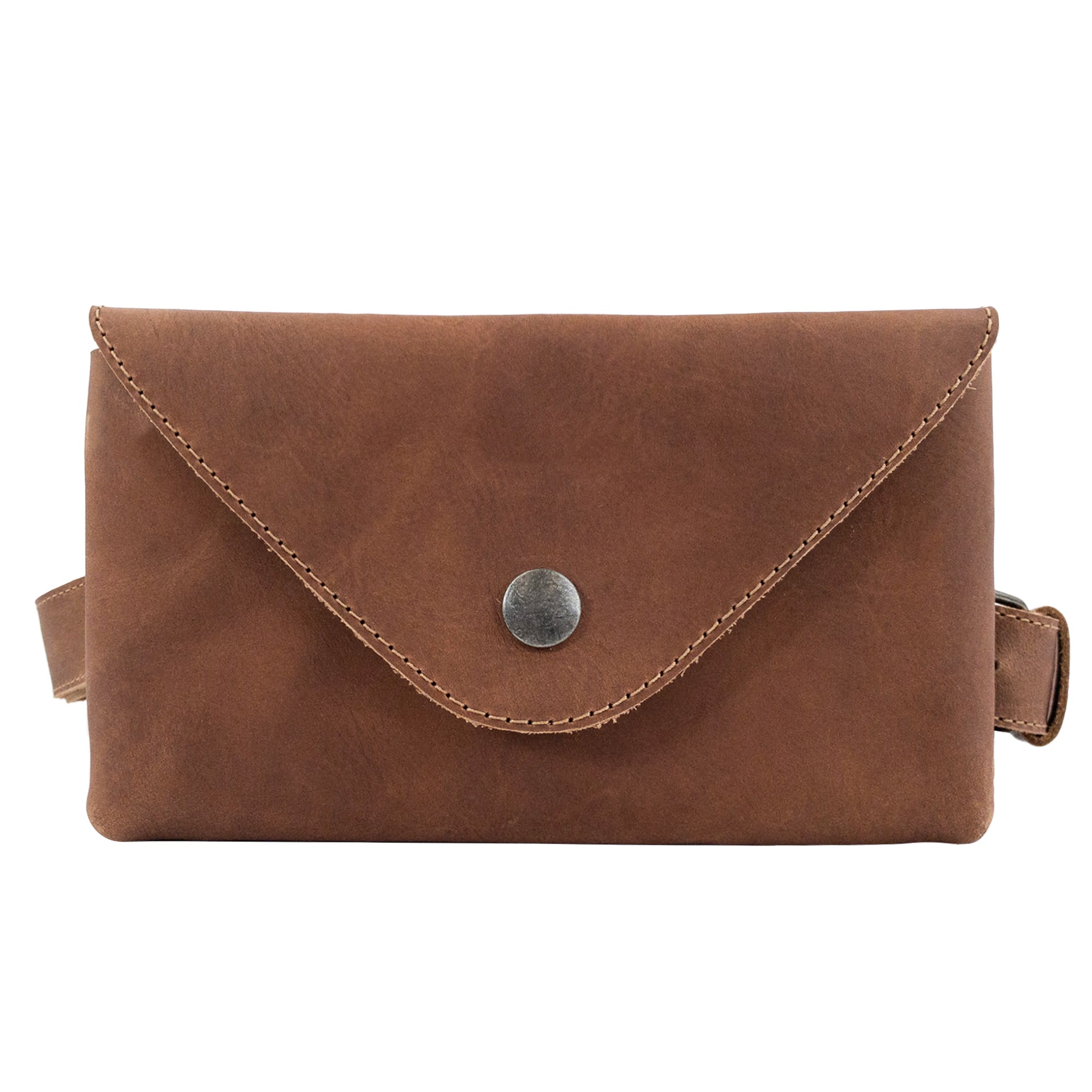 Front view of the Fancy Fanny Pack in a luxurious brown hue by Hide & Drink. This waist pouch is designed for convenience and style, made from quality full grain leather, perfect as a vintage purse and suitable for easy travel for digital nomads.