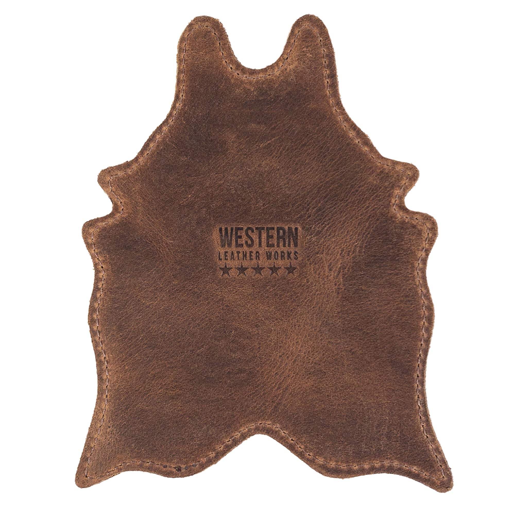 Brown Cowhide Shape Set of 6 Coasters from Western Leather Works featuring a soft texture. These handmade coasters are crafted from Hair On Hide Full Grain Leather, ideal for drinks and made with care in La Antigua Guatemala & Oaxaca Mexico.