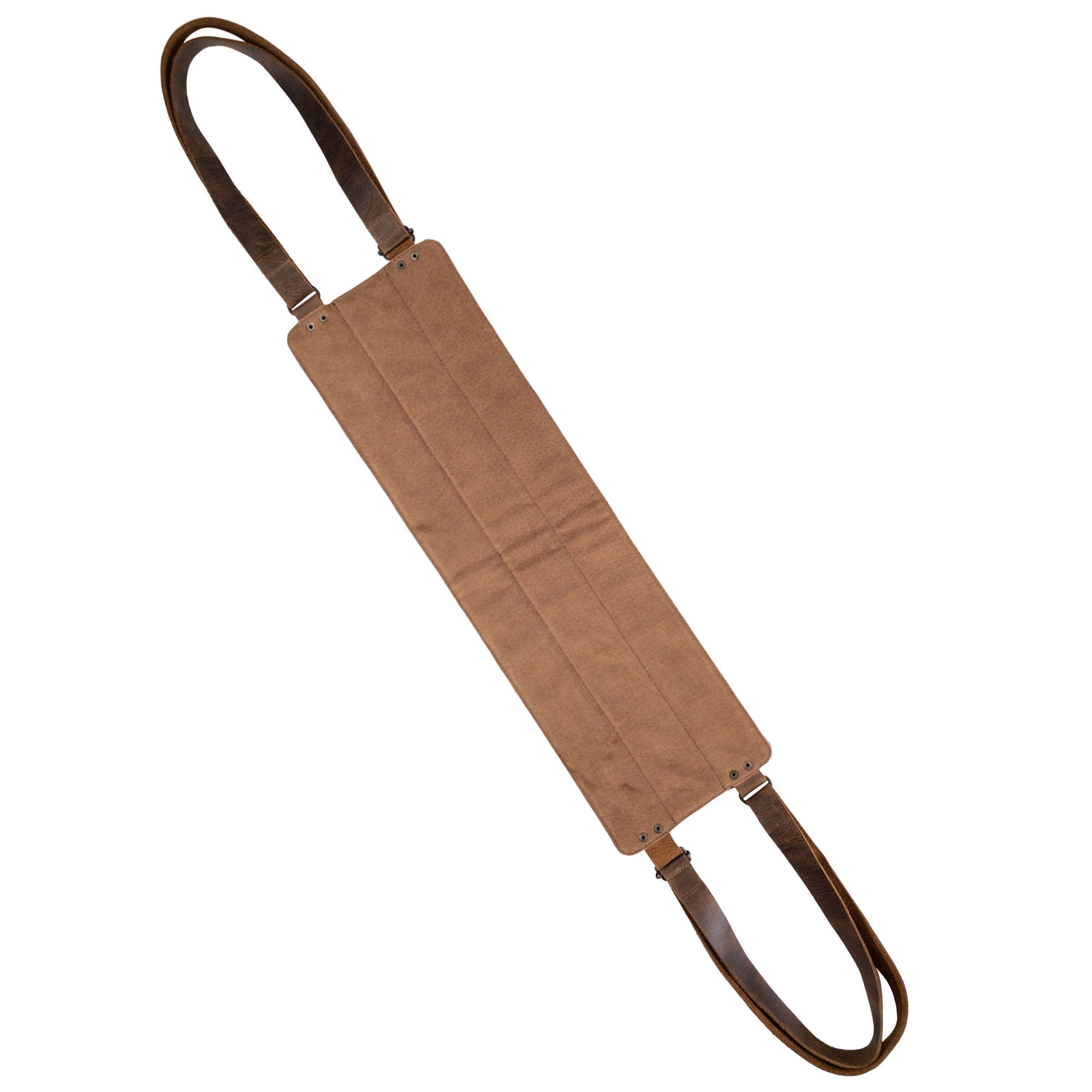 Underneath view of the Rustic Dog Lift Harness by Taco Dog, highlighting its smooth Full Grain Leather construction. This handmade support belt is designed for dog rehabilitation, providing a secure way to assist your pet's mobility. Each harness is crafted through small batch production, ensuring a unique quality in every piece. Artisan touch with fire branding, made with love in La Antigua Guatemala & Oaxaca Mexico.