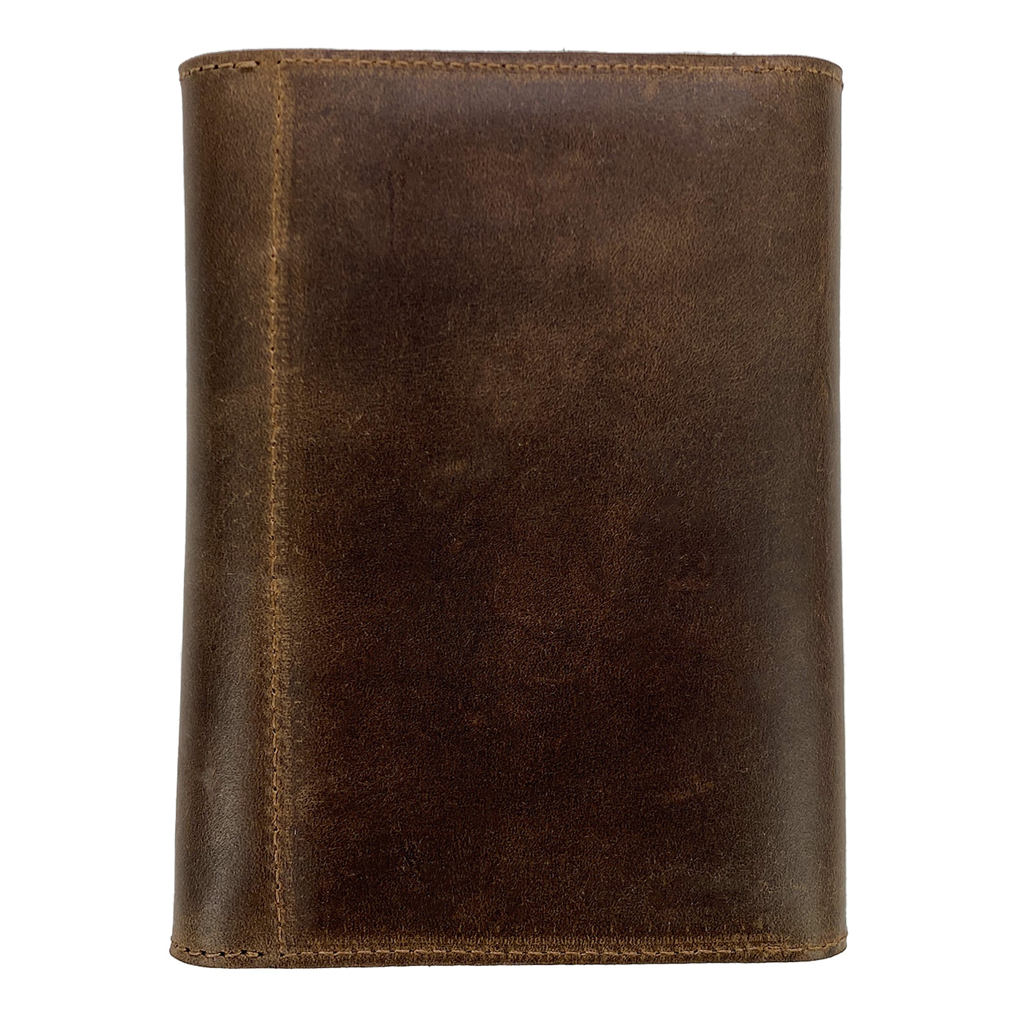 Back view of the Leather Worx Pocket Notebook Cover for Moleskine (3.5 x 5.5 in.), highlighting its sleek and sophisticated design. Made from Full Grain Leather, this artisan product combines functionality with unique craftsmanship.