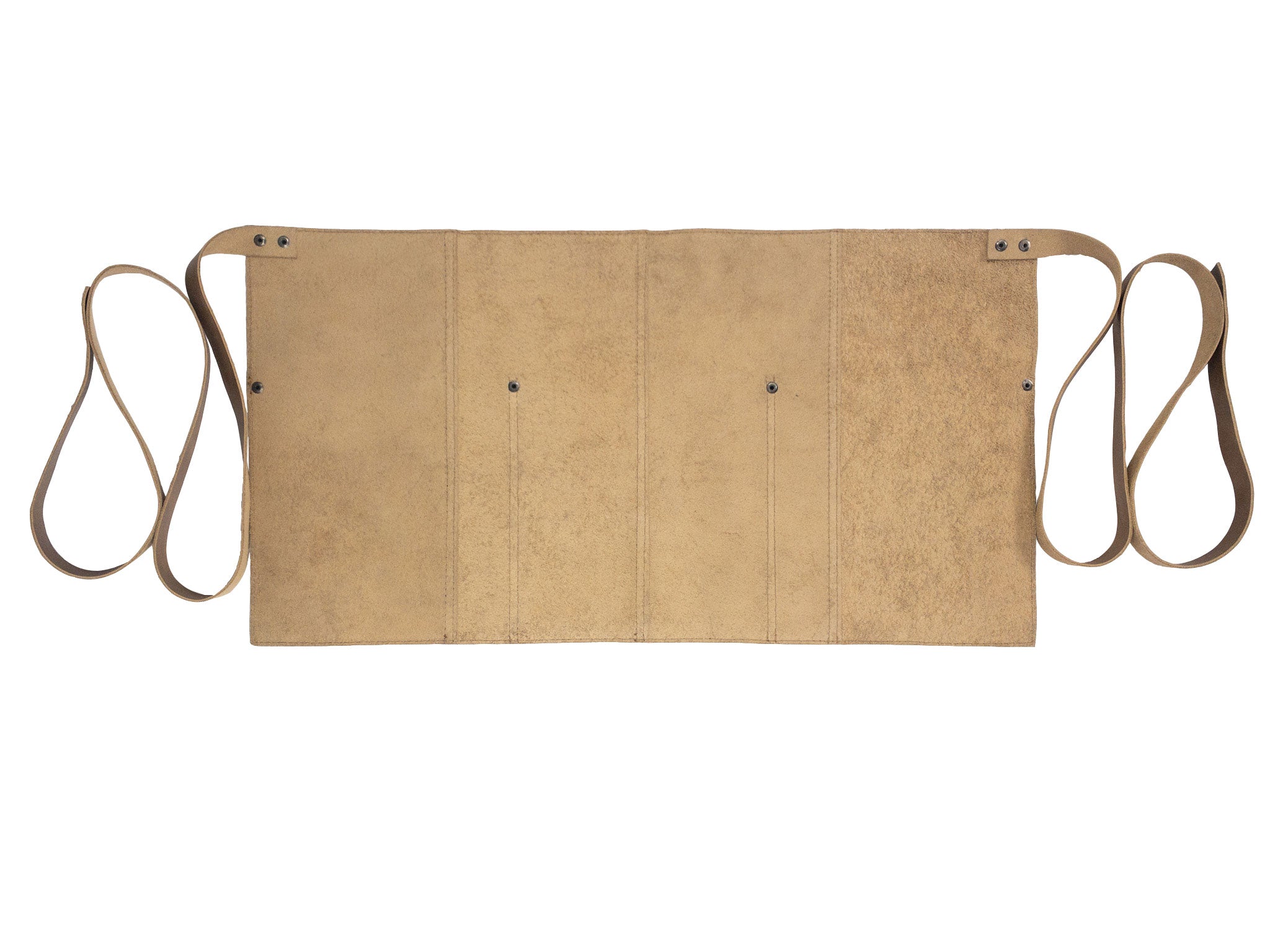 Close-up of the leather and details of Hide & Drink Barista Leather Waist Apron, showcasing riveted pockets, ideal for waitress and waiter accessories. Artisan-made in La Antigua Guatemala & Oaxaca Mexico.