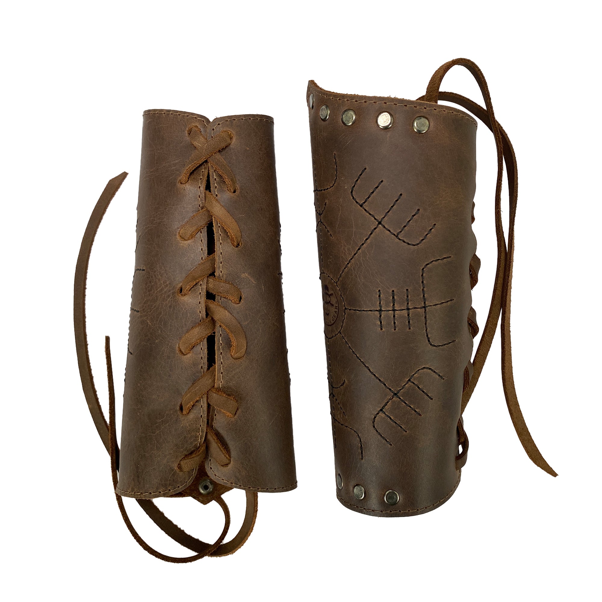 Side view of Viking Bracers by Valhalla Gear featuring intricate lacing and metal accents. This Viking Bracer (2 pack) offers a unique Viking style hand protector suitable for archery, combining durability and craftsmanship. These wrist guards come with adjustable straps, handmade in La Antigua Guatemala, are fire branded, and emphasize small batch production.
