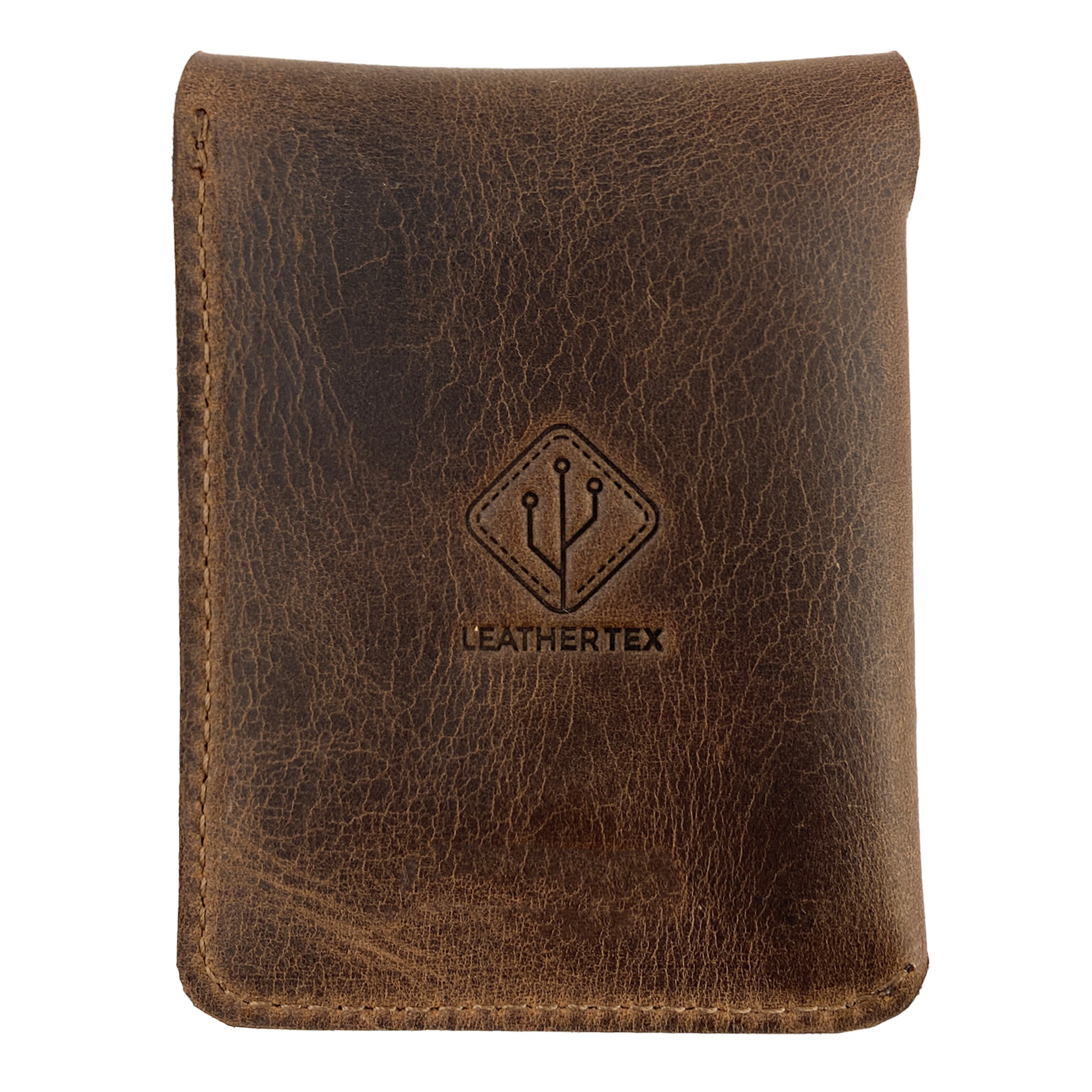 Back view of the Card Holder with AirTag Slot by LeatherTex, featuring the brand logo. Made from high-quality full grain leather, this stylish storage case for cash combines functionality with artisan craftsmanship. It’s a perfect travel accessory that’s both compact and durable, showcasing small batch production techniques handmade in La Antigua Guatemala.