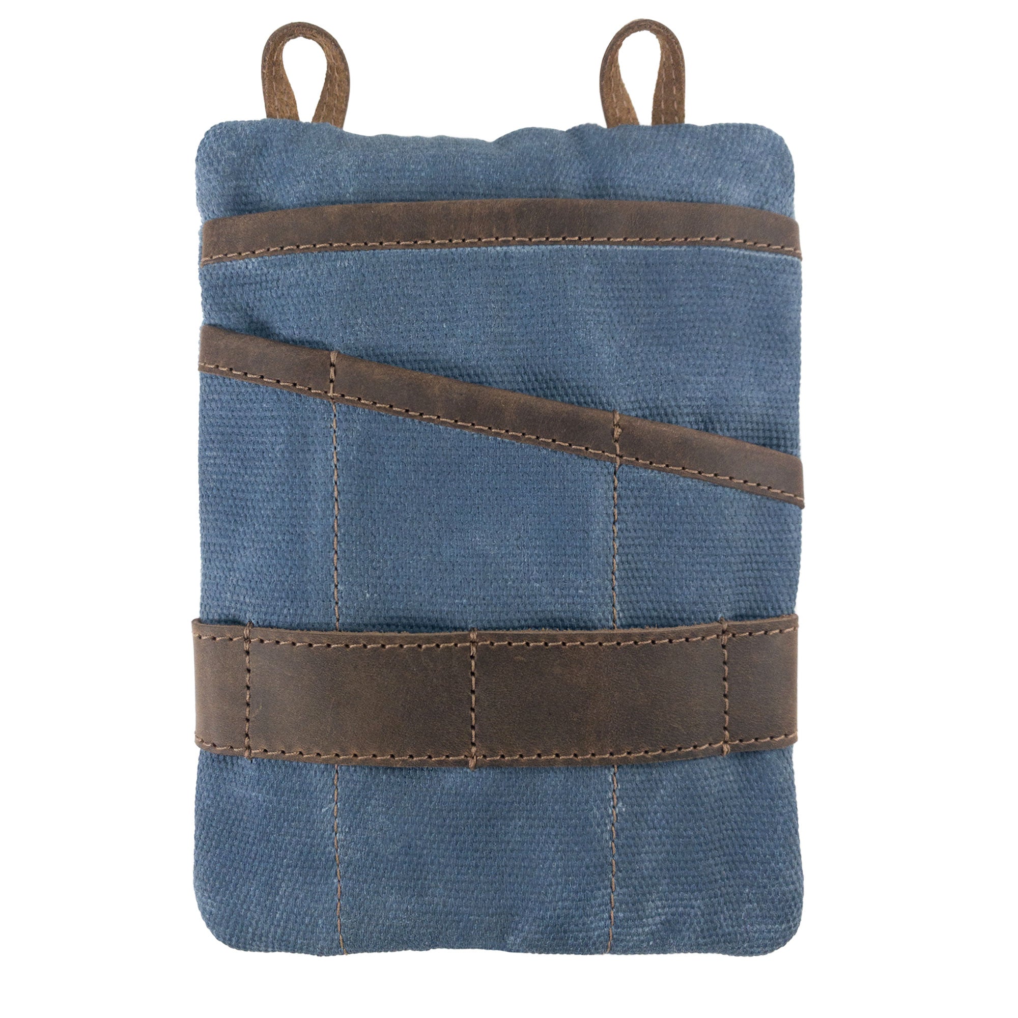 Side view of the blue Multi-tool Pocket Pouch - XL by Hide & Drink, focusing on the durable zipper closure, suitable for everyday or outdoor use. Multi-Tool Pocket Pouch XL, Compact Multipurpose EDC Zippered Bag, Mini Camping Tool Case, Knife Holster, Handmade Slim Organizer, Waxed Canvas, StockyardX, Small Batch Production, Artisan, Handmade in La Antigua Guatemala & Oaxaca Mexico.