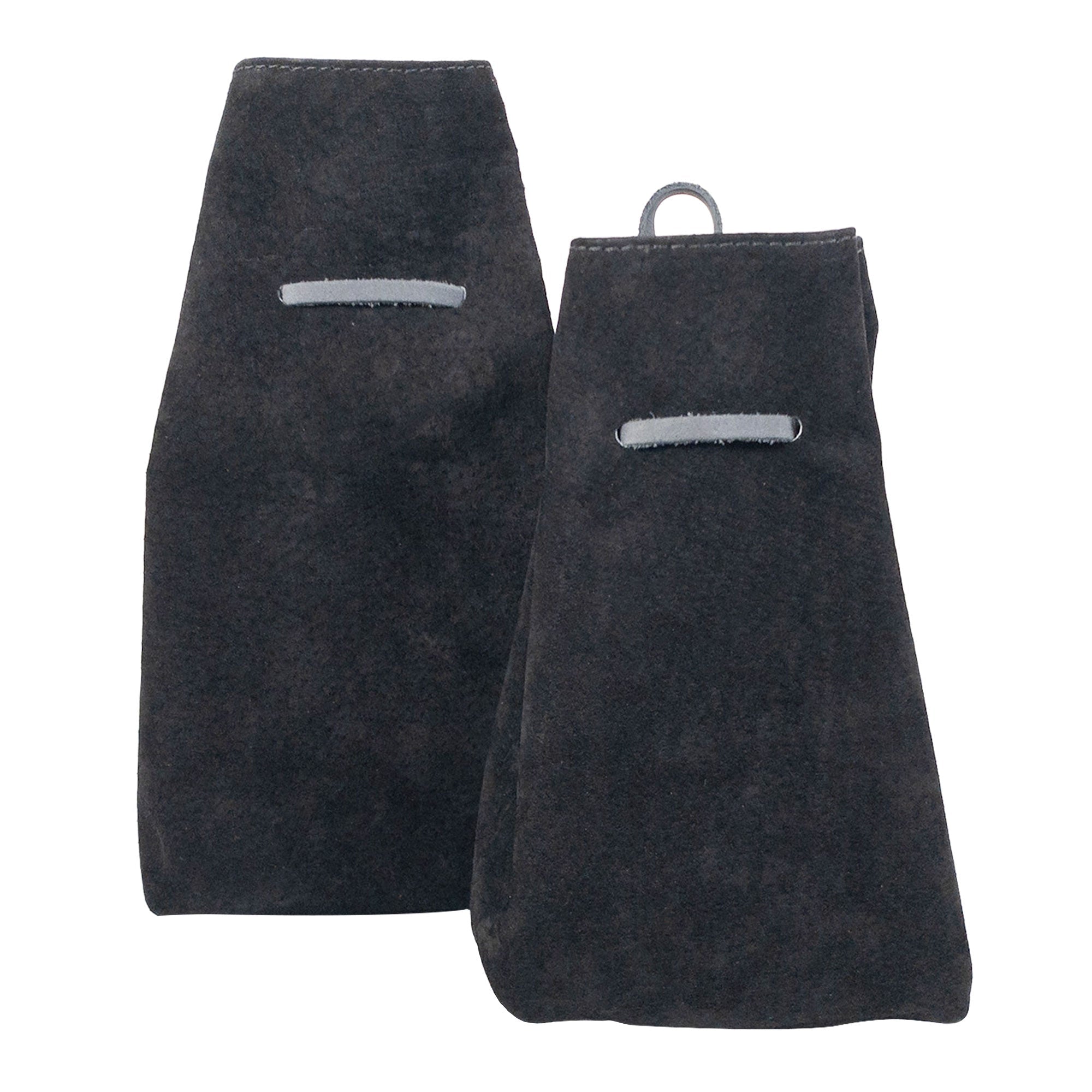 Side view of Hide & Drink's Drawstring Sack (2 pack) in black, showcasing its elegant shape and functional design. Drawstring Sack (2 pack) Handmade from Sheepskin and Full Grain Leather, StockyardX, Small Batch Production, Hand Cut, Hand Sewn, Fire Branded, Artisan, Handmade in La Antigua Guatemala & Oaxaca Mexico.