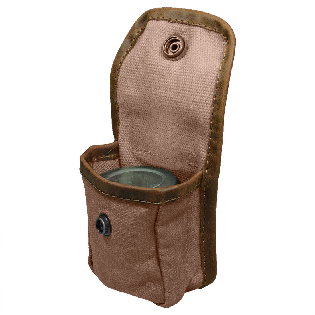 Hide & Drink's Mini Belt Pouch opened to show its interior, ideal for organizing essentials. This multi-purpose hip bag is designed for outdoor use, crafted from water-resistant waxed canvas, showcasing stockyardX's artisan techniques through hand-cut and hand-sewn craftsmanship, proudly made in La Antigua Guatemala & Oaxaca Mexico.