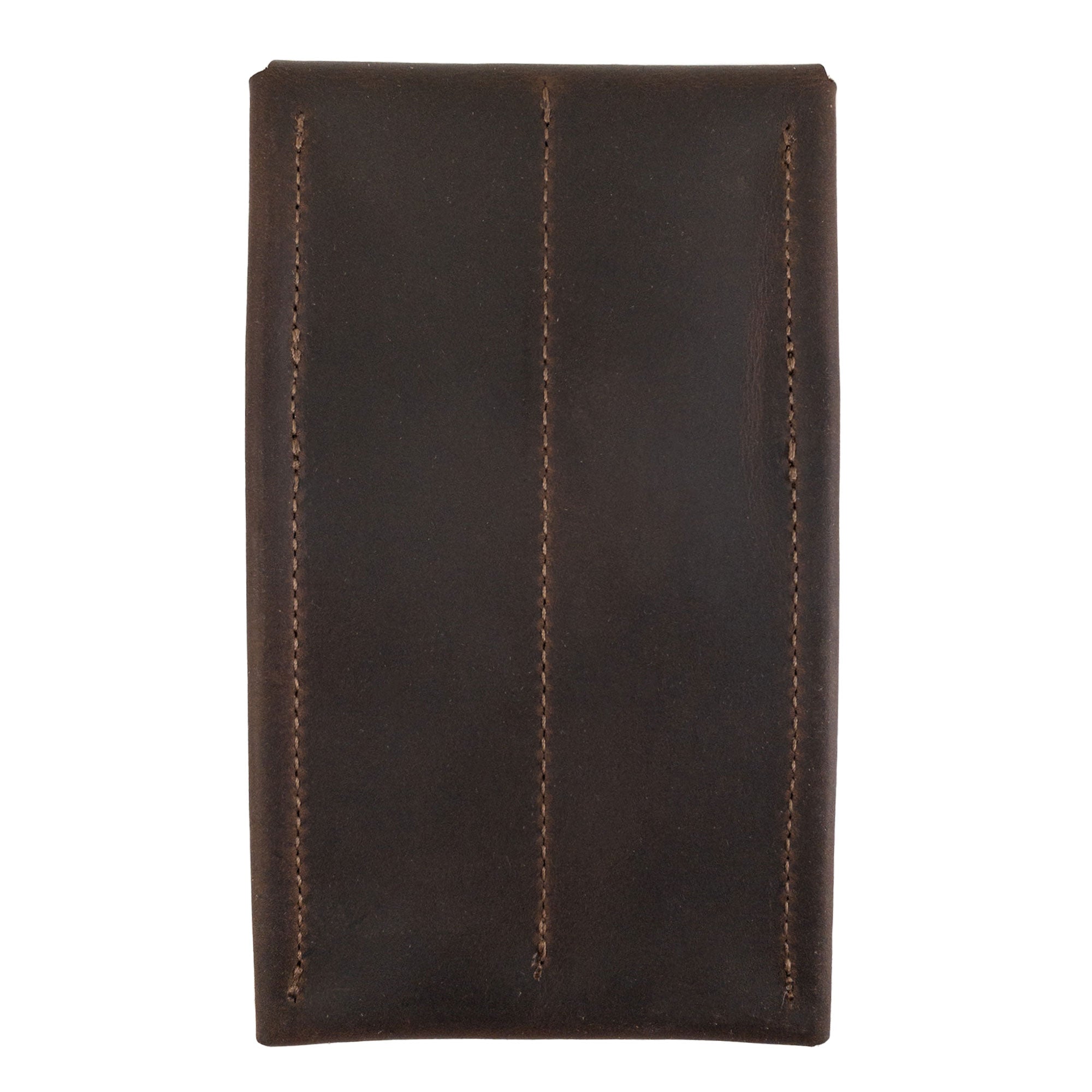 Back view of the Double Pen Case from Leather Worx, demonstrating its sleek design in durable Full Grain Leather. This item represents small batch production traditions with hand cut and hand sewn features, fire branded by artisans. Handmade in La Antigua Guatemala and Oaxaca Mexico.