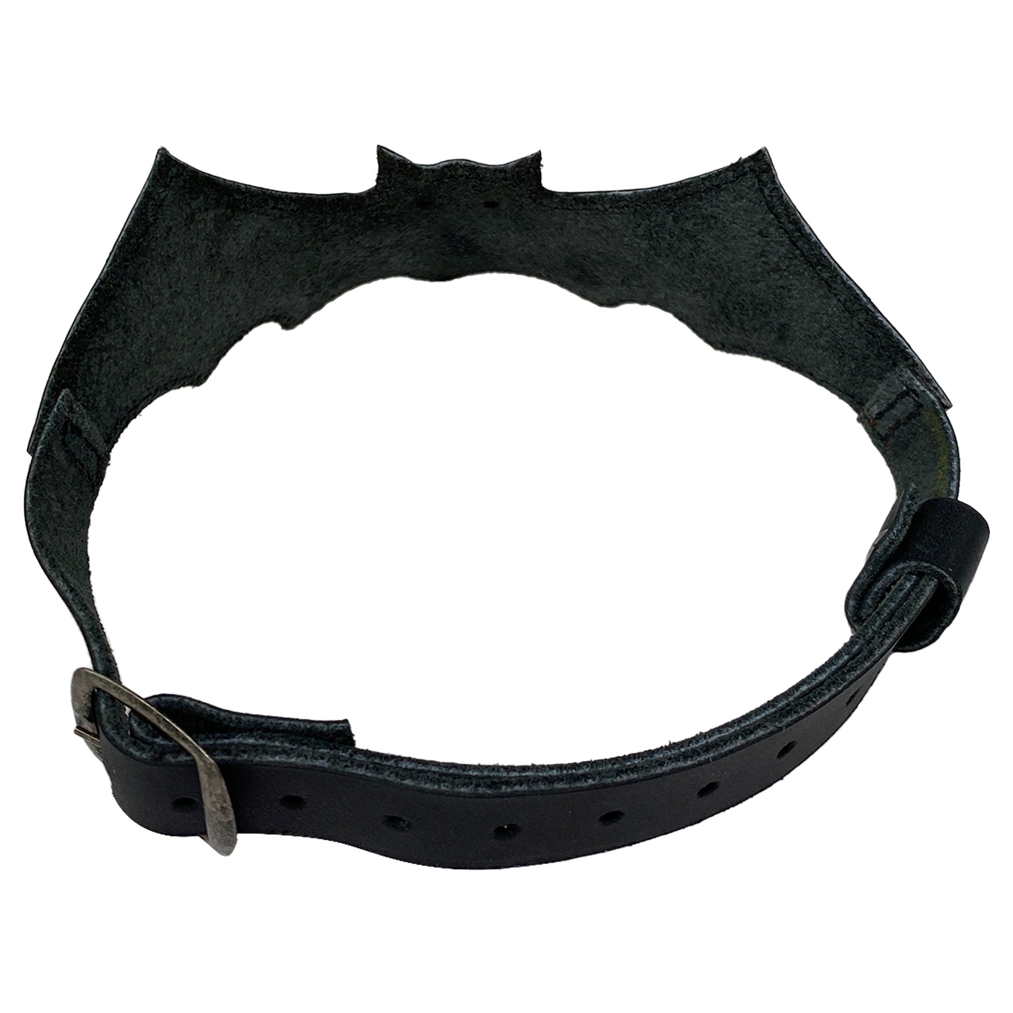 Back view of the Bat-man Choker by Hide & Play, highlighting the soft underside of the bat-shaped collar. This durable and adjustable Bat Choker is an artisan-crafted product made in La Antigua Guatemala & Oaxaca Mexico, combining style and functionality.