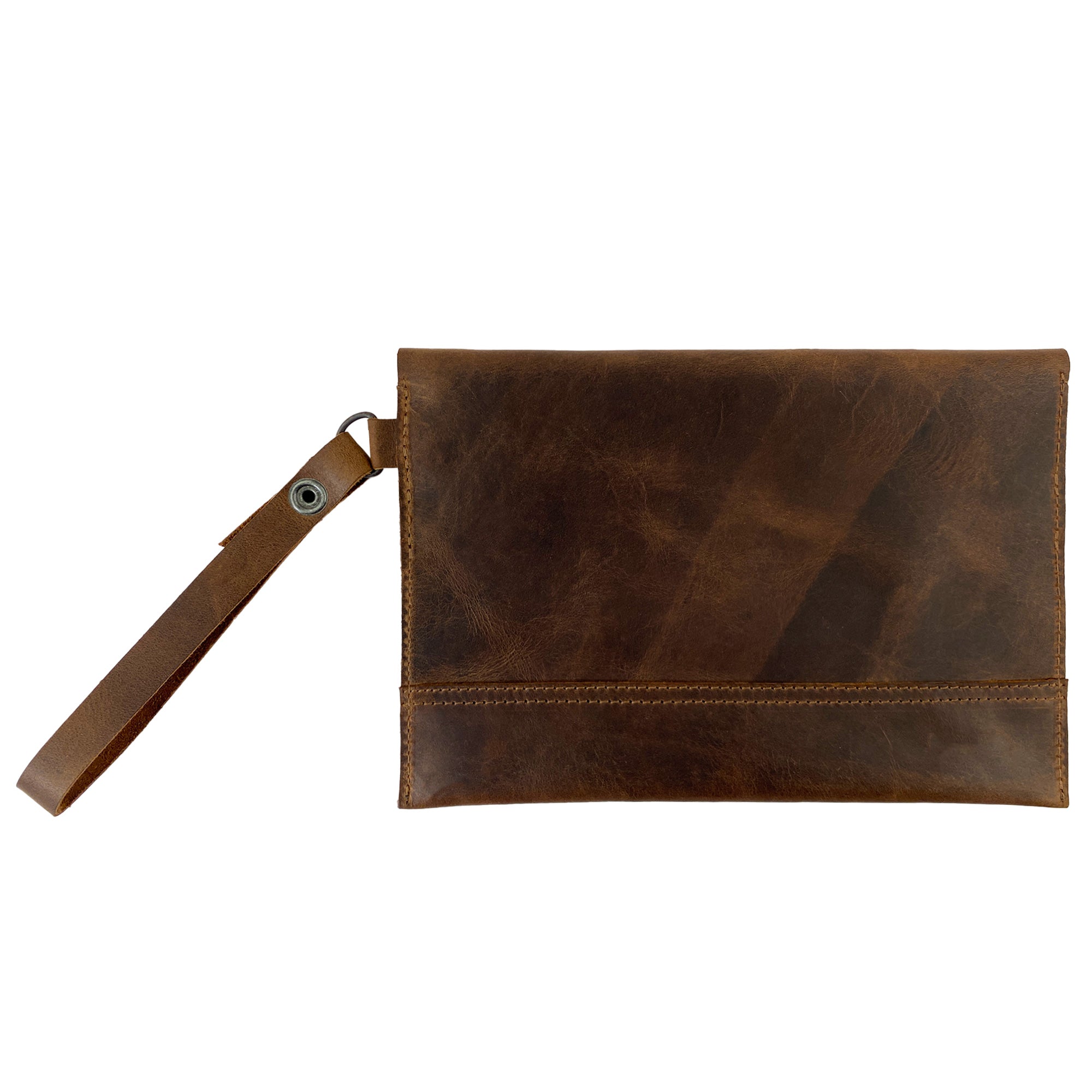 Side view of Heather's Vintage Clutch Bag, a wrist wallet that expertly holds cards, money, and coins. Crafted from durable full grain leather, this handmade accessory highlights the beauty of small batch production methods in La Antigua Guatemala & Oaxaca Mexico.