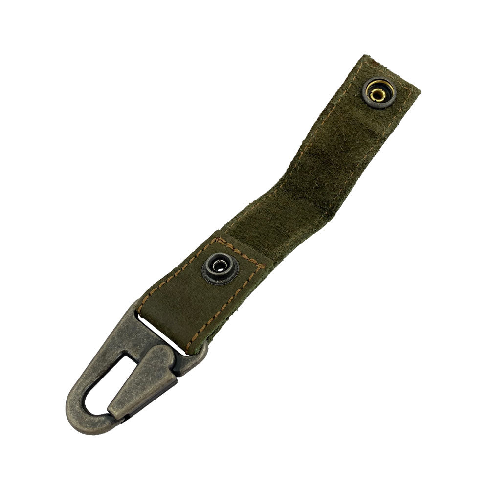 Hide & Drink Key Ring Holder in olive green, featuring a sturdy hook and rustic design. This handmade accessory from Full Grain Leather is part of Small Batch Production, demonstrating artisan skill with Hand Cut and Hand Sewn precision.