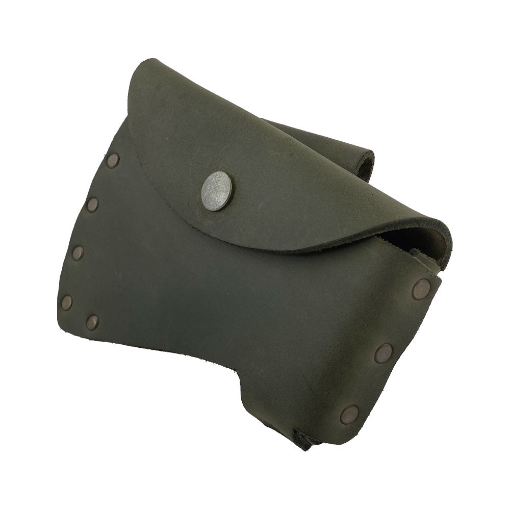Hide & Drink Hatchet Head Sheath featuring a green leather design, crafted to be a functional holster for 1.5 in. belts. This effective axe head case and blade cover makes a great addition for lumberjack work, handmade in La Antigua Guatemala & Oaxaca Mexico.