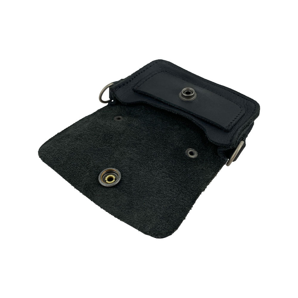 Interior of Hide & Drink's Card Holder Briefcase Style, displaying the storage space of the Mini Briefcase Card Holder. This Full Grain Leather case is handmade to hold up to 10 cards plus folded bills, functioning as an efficient cash organizer from La Antigua Guatemala & Oaxaca Mexico.