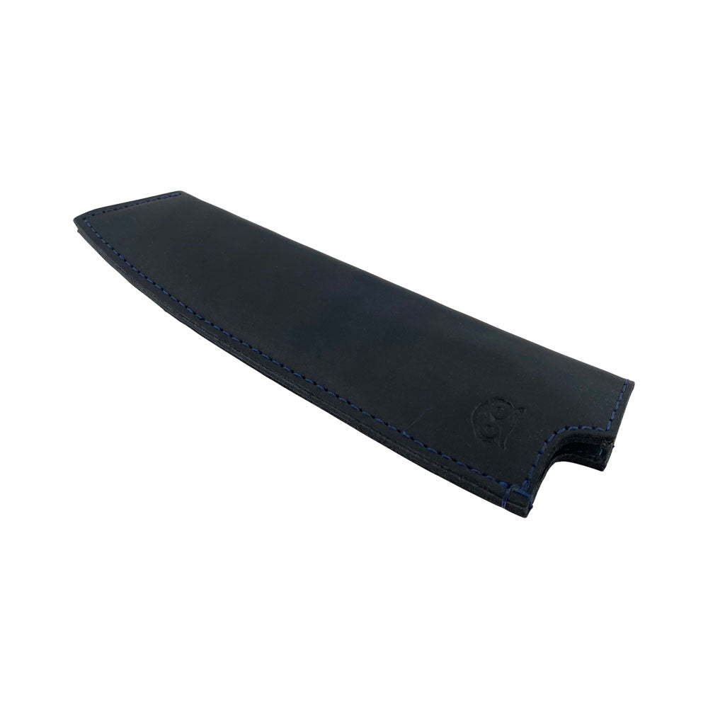 View of the blue Thick Full Grain Leather Chef Knife Sheath from Hide & Drink designed for 180mm blades; proudly showcasing handmade quality from skilled artisans.