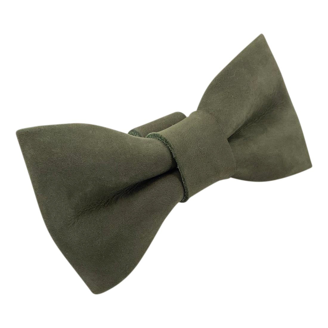 Stylish green suede bow tie for dog collar by Taco Dog, perfect for any occasion. The Bow Tie for Dog Collar can attach to various collars (1.25 in. wide) easily for a fashionable look. Bow Tie for Dogs - Attaches onto Most Dog Collars (Collar Not Included) - Fancy Cute Stylish Pet Accessory Attachment, Full Grain Leather, StockyardX, Small Batch Production, Hand Cut, Hand Sewn, Fire Branded, Artisan, Handmade in La Antigua Guatemala & Oaxaca Mexico.