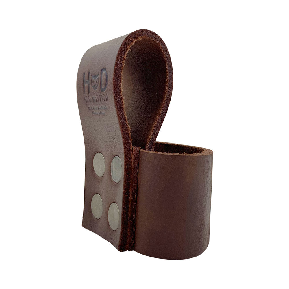 Large Hammer Holster by Hide & Drink, designed with hand-cut and hand-sewn techniques. This artisan tool organizer is perfect for woodworking projects, featuring a hammer holder with a belt loop for easy access. Crafted from rustic full grain leather in La Antigua Guatemala.