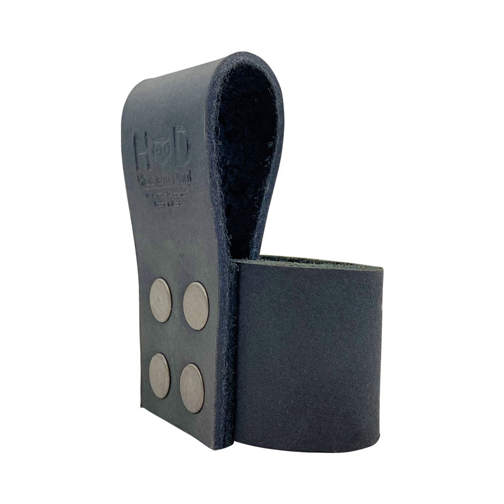 Large Hammer Holster by Hide & Drink, providing an elegant view of the craftsmanship involved. This rustic tool organizer combines beauty and function, perfect for woodworkers who need a hammer holder with a belt loop. Handmade in Oaxaca Mexico with care.