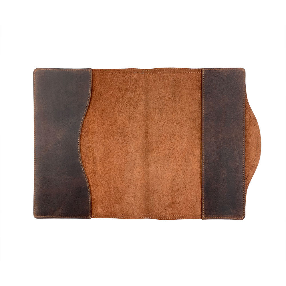 A flat view of the Hard Cover Notebook Protector (Notebook NOT Included) by Hide & Drink showcasing the interior finish. This journal cover is compatible with Moleskine Hard Cover Sketchbook XXL Size (8.5 x 11 in.), Notebook NOT Included, using Full Grain Leather from StockyardX, part of their small batch production that is hand cut, hand sewn, and fire branded by artisans. Handmade in La Antigua Guatemala & Oaxaca Mexico.
