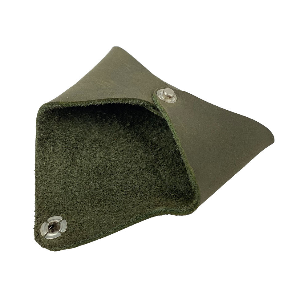 Inside view of the Hide & Drink Envelope Coin Case in olive green, highlighting its unique design and rustic leather craftsmanship. Hand cut and sewn, this artisan product is made from high-quality full grain leather in La Antigua Guatemala & Oaxaca Mexico.