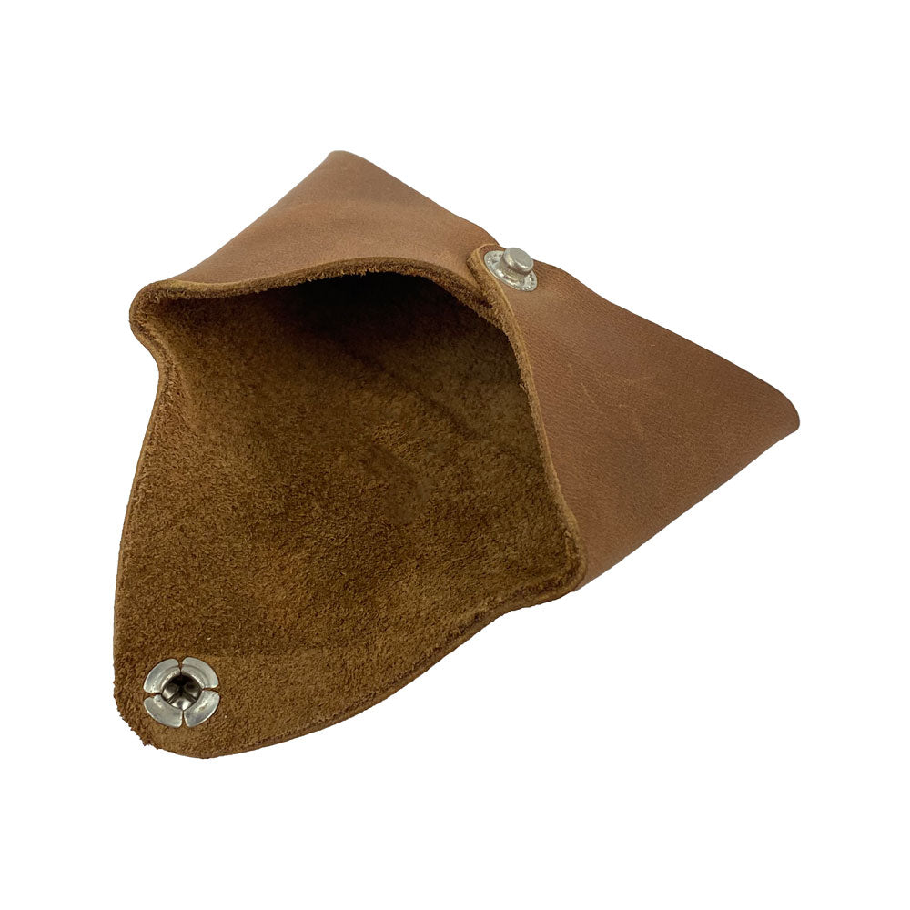 Inside view of the Hide & Drink Envelope Coin Case in brown, highlighting its unique envelope-shaped design and artisan craftsmanship. This item, made from full grain leather, is handcrafted in La Antigua Guatemala & Oaxaca Mexico.