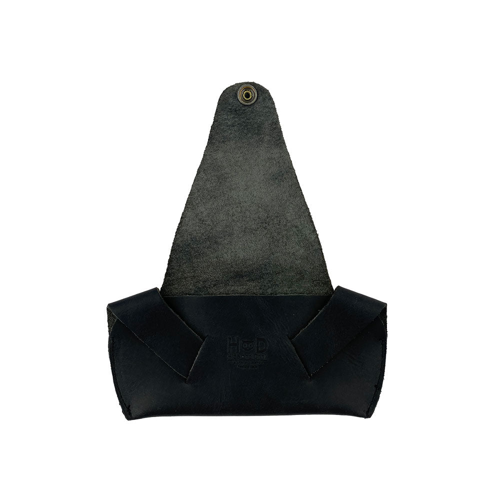 Inside view of the black Foldable Sunglass Case by Hide & Drink, ensuring perfect fit for sunglasses. Made from Full Grain Leather, it reflects the artisan quality and attention to detail through hand cutting and sewing.
