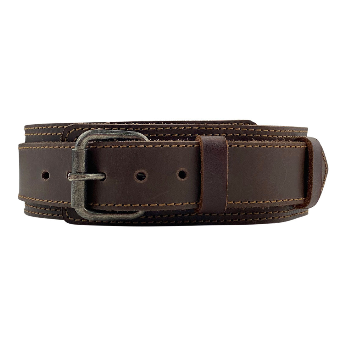 Robust Double Layer Dog Collar from Taco Dog, made with thick full grain leather for large dogs, providing 6 adjustable holes and heavy-duty metal hardware. This artisan collar is a safe and durable pet accessory, handmade through meticulous craftsmanship in La Antigua Guatemala.