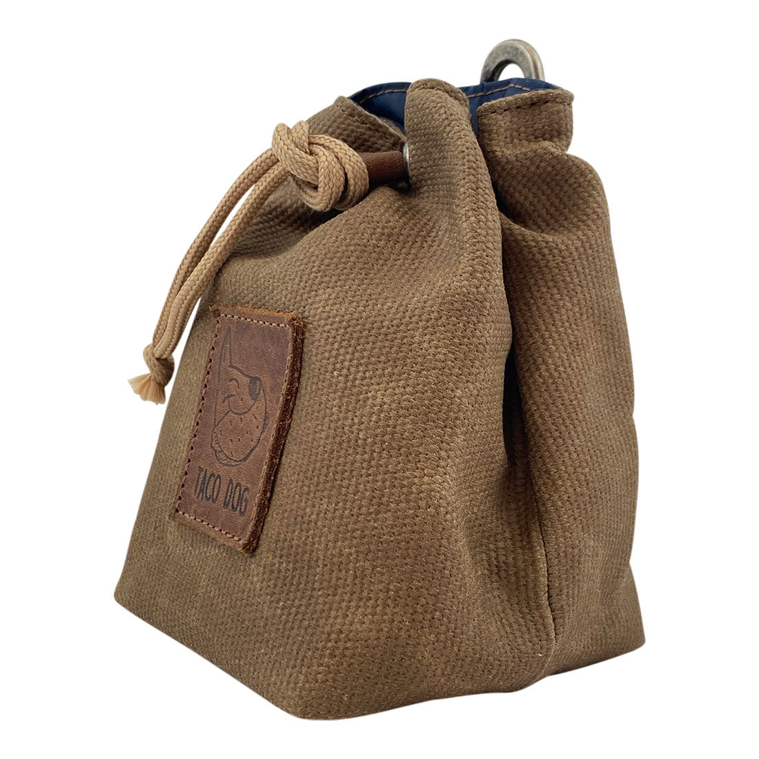 Side view of Taco Dog Treat Training Bag highlighting the waxed canvas material and handmade quality. Ideal pocket for storing treats, this pouch is perfect for trainers and made in La Antigua Guatemala.