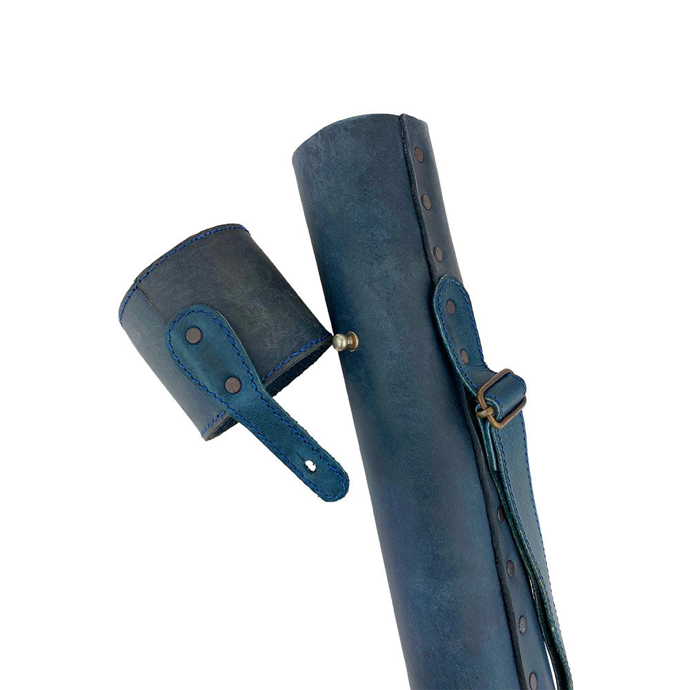 Close-up of Hide & Drink's Blueprint Tube (A2 Paper Size) in sleek black leather, featuring its snap button and adjustable strap. This durable document storage tube illustrates the artisan craftsmanship and dedication to quality from StockyardX, handmade in La Antigua Guatemala & Oaxaca Mexico.