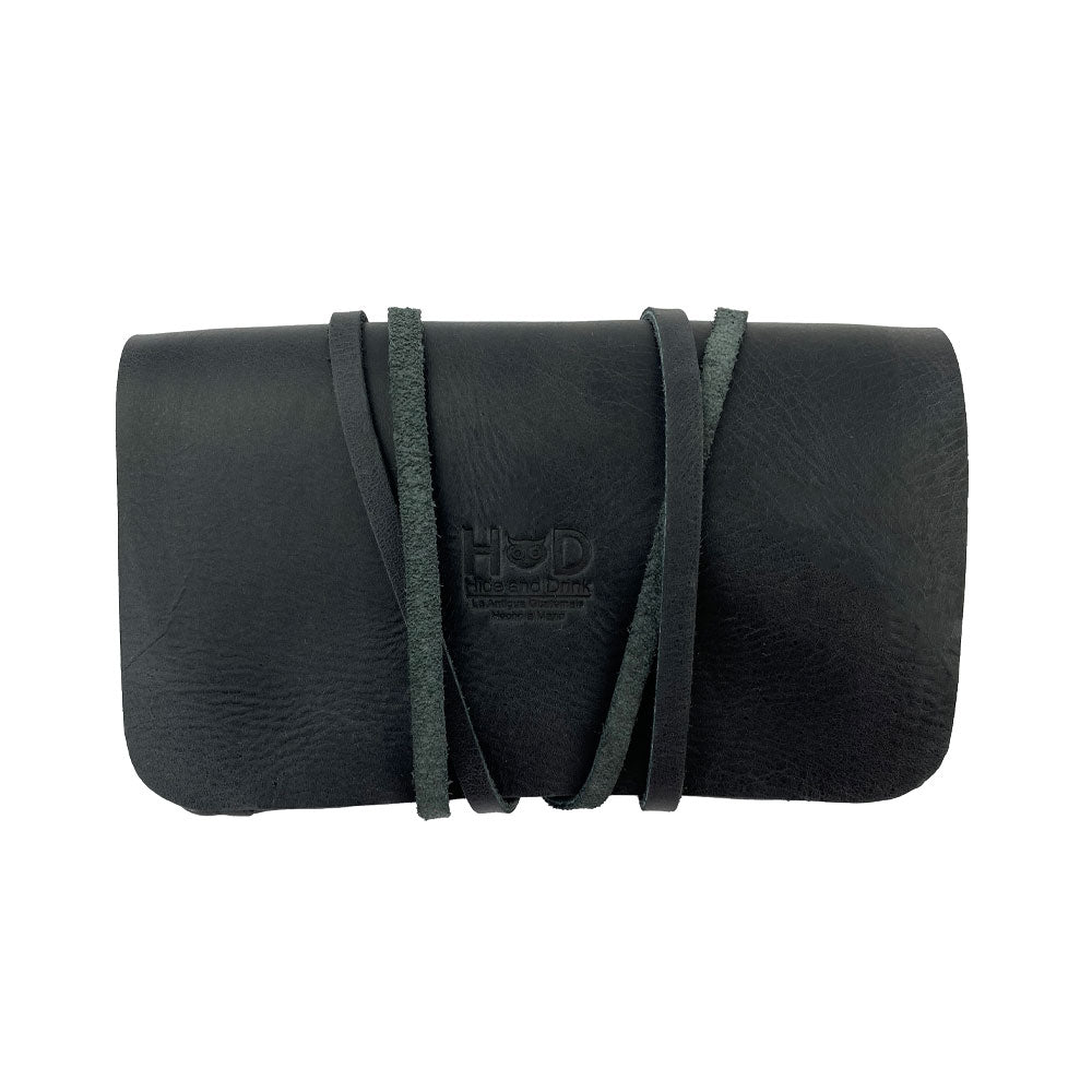 Hide & Drink Tobacco Pouch elegantly tied, perfect for storing your smoking gear and notes, showcasing the handcrafted, fire-branded details.