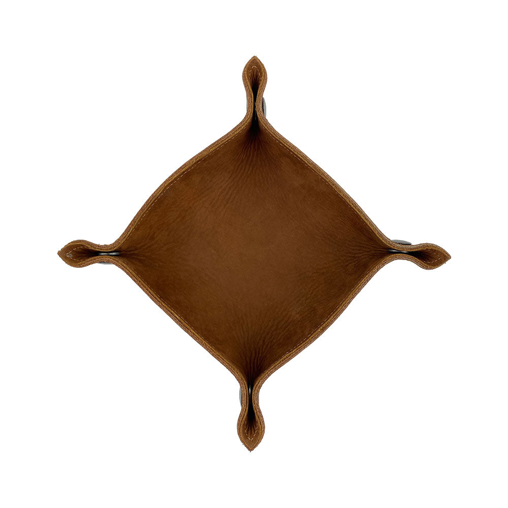 Hide & Drink Valet Tray showcasing a classic shape, perfect for organizing keys and change. Crafted from durable full grain leather, handmade in La Antigua Guatemala & Oaxaca Mexico, Catchall Change Key Wallet Coin Box Tray Storage Valet, Full Grain Leather, StockyardX, Small Batch Production, Hand Cut, Hand Sewn, Fire Branded, Artisan.
