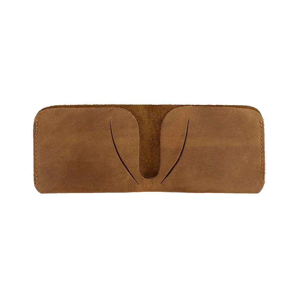 Interior view of the Hide & Drink Minimal Wallet showing card slots and cash compartments, made from durable Full Grain Leather. This Classic Slimfold Wallet serves as an effective Card Organizer Holder and Travel Accessory crafted through dedicated Small Batch Production by artisans in La Antigua Guatemala & Oaxaca Mexico.