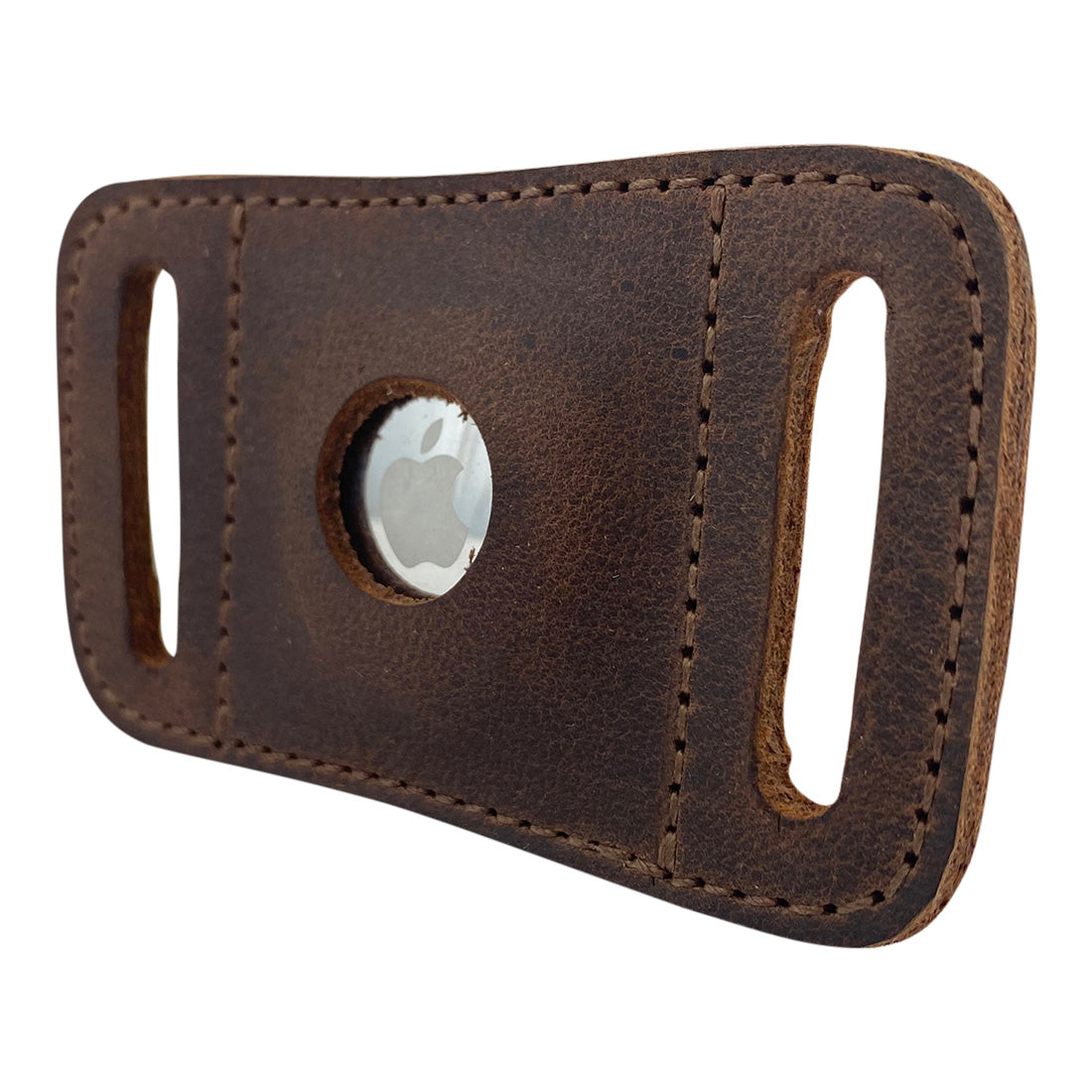 Side view of the Rustic AirTag Sleeve for Dog Collar 1.25" Wide by Taco Dog. The sleeve ensures secure storage for your tracking device on any 1.25 inch dog collar, combining style with functionality. Made from artisan, hand cut full grain leather in La Antigua Guatemala.