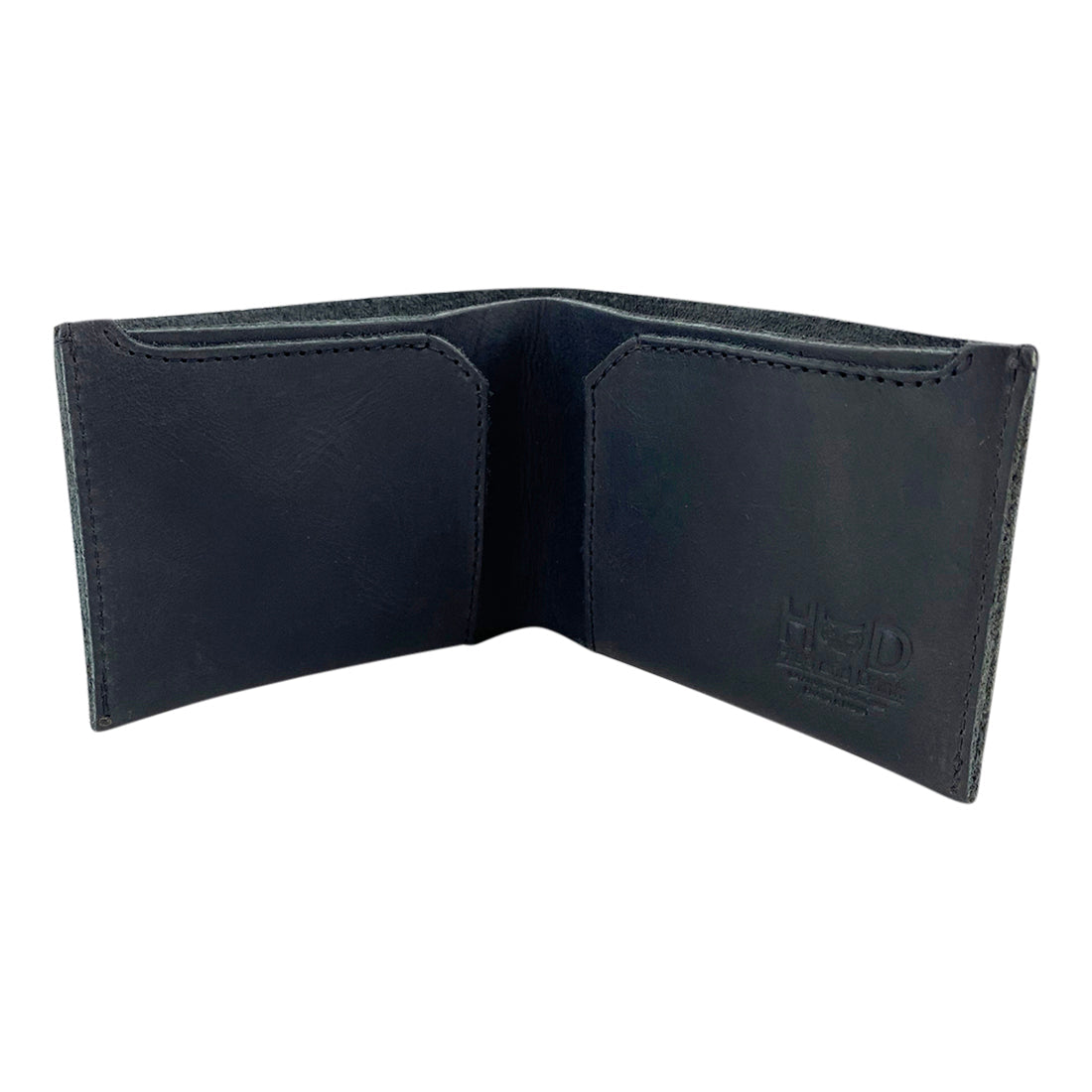 Open black Hide & Drink Classic Wallet showing card slots and cash area, designed for practicality and minimalist lifestyle. Classic Wallet, Card Organizer, Money Holder, Vintage Pocket, Travel Accessories, Full Grain Leather, StockyardX, Small Batch Production, Hand Cut, Hand Sewn, Fire Branded, Artisan, Handmade in La Antigua Guatemala & Oaxaca Mexico.