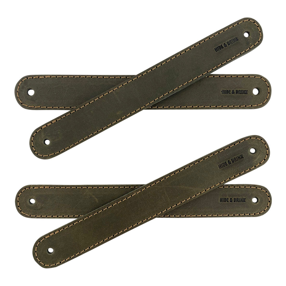 Hide & Drink Drawer Handles (4pk) featuring a close-up of smooth leather handles, emphasizing quality craftsmanship. Stylish and easy to install, perfect for any DIY home project.