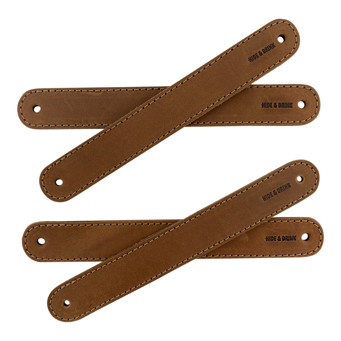 Hide & Drink Drawer Handles (4pk) featuring a close-up of carefully stitched leather, demonstrating its durability. Each handle is easy to install, making it a perfect choice for DIY enthusiasts.