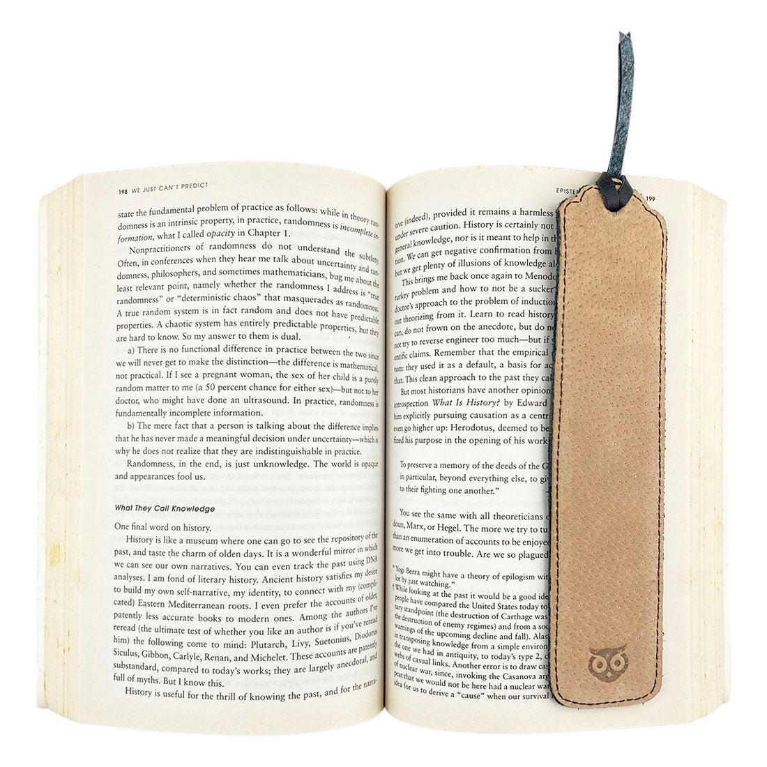 Deluxe Long Bookmark (2 Pack) by Hide & Drink, featuring a light brown leather bookmark inside an open book. A lovely reversible page marker, this classic accessory is made for reading lovers, crafted from full grain leather, focusing on stockyardX, small batch production, hand cut, hand sewn, fire branded, artisan craftsmanship, handmade in La Antigua Guatemala & Oaxaca Mexico.