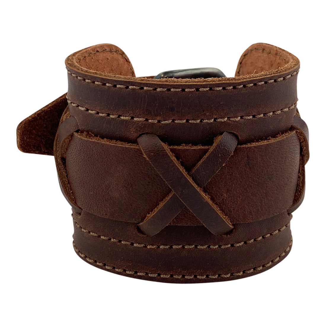 Side view of the Hide & Drink Ragnarok Bracelet demonstrating its finely hand-stitched design and adjustable fit. This unique wristband combines style and durability, making it a perfect gift for men who appreciate quality craftsmanship. Ragnarok Bracelet - Fashionable, Stylish, Trendy Men’s Wristband - Heavy Duty Hardware, Durable, Adjustable Cuff, Full Grain Leather, StockyardX, Small Batch Production, Hand Cut, Hand Sewn, Fire Branded, Artisan, Handmade in La Antigua Guatemala & Oaxaca Mexico.