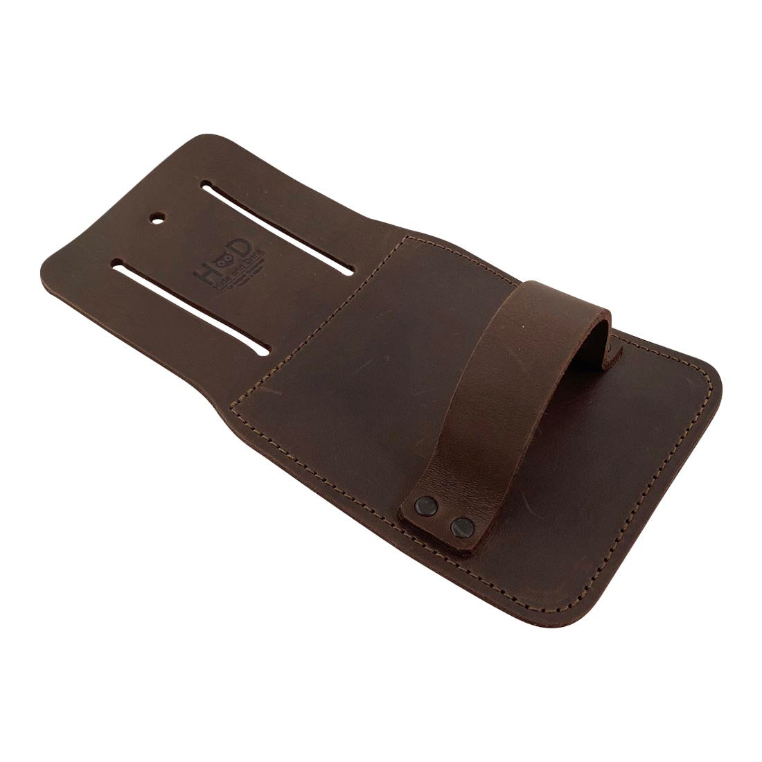 Side view of the Hammer Holster by Hide & Drink, designed for easy use. This Hammer Holster for Belt is a high-quality, durable holder crafted from full grain leather, making it a perfect accessory for tools with artisan details from small batch production.