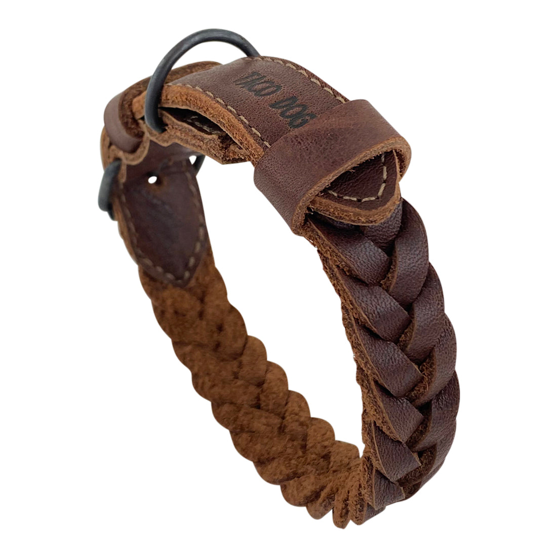 Side-angle image of Taco Dog's Braided Small Dog Collar, featuring a soft leather finish and a belt buckle latch for a secure hold. Perfect for smaller breeds and puppies, this durable and sturdy collar is handmade, showcasing the artisan craftsmanship from La Antigua Guatemala & Oaxaca Mexico.