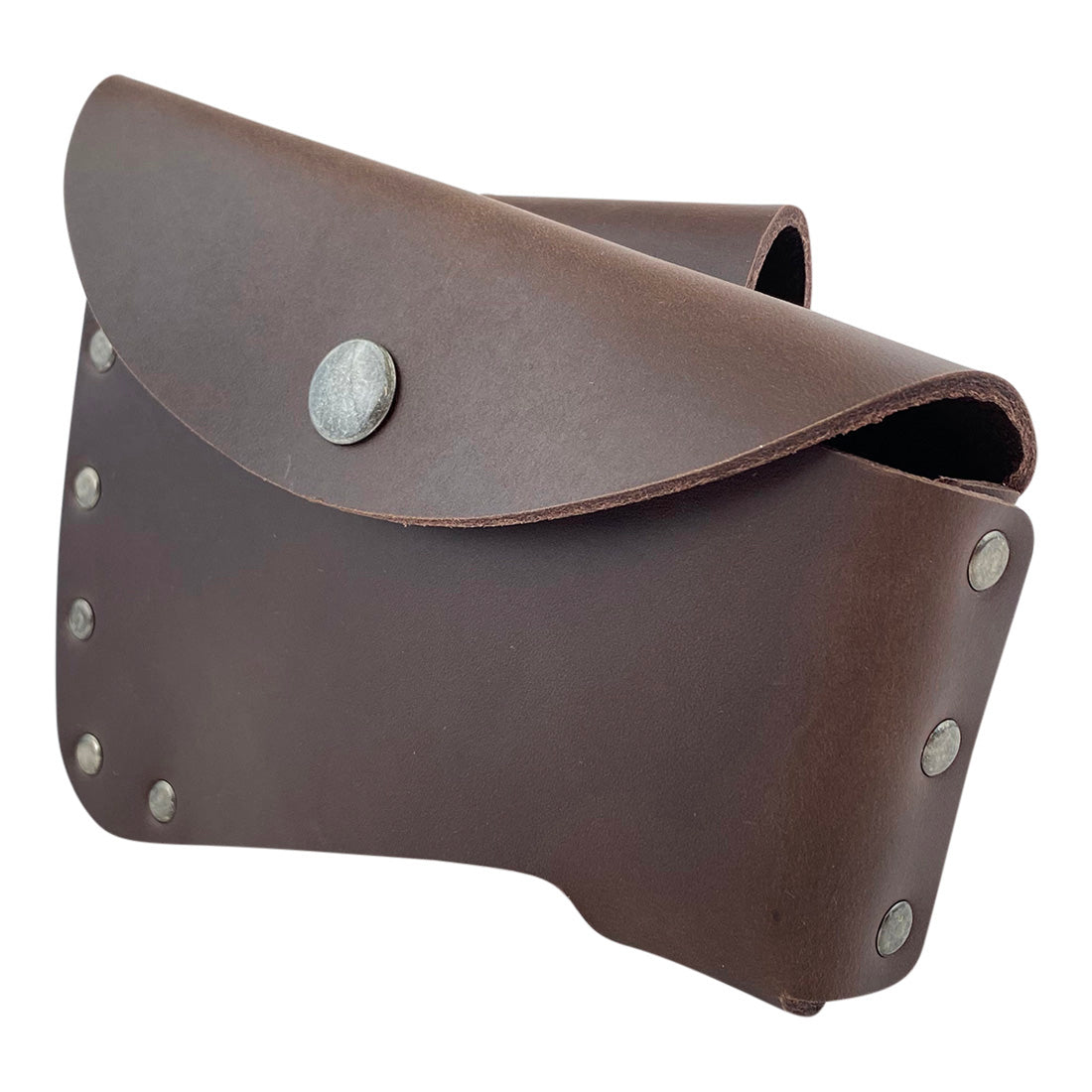 Side profile of the Axe Head Sheath by Valhalla Gear, featuring a traditional design crafted from top quality full grain leather. Axe Head Sheath - Protector Case Cover, Hatchet Blade Safety Sleeve, Camping Accessory, Lumberjack Outdoors Work Essentials, Full Grain Leather, StockyardX, Small Batch Production, Hand Cut, Hand Sewn, Fire Branded, Artisan, Handmade in La Antigua Guatemala & Oaxaca Mexico.