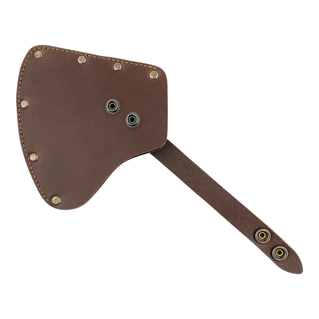 The Valhalla Gear Camper Axe Head Sheath shown with a smooth design and secure strap, made from high-quality full grain leather. This handmade protector case is ideal for safely storing your axe blades, serving as an essential camping accessory and reflecting artisanal craftsmanship from Guatemala.