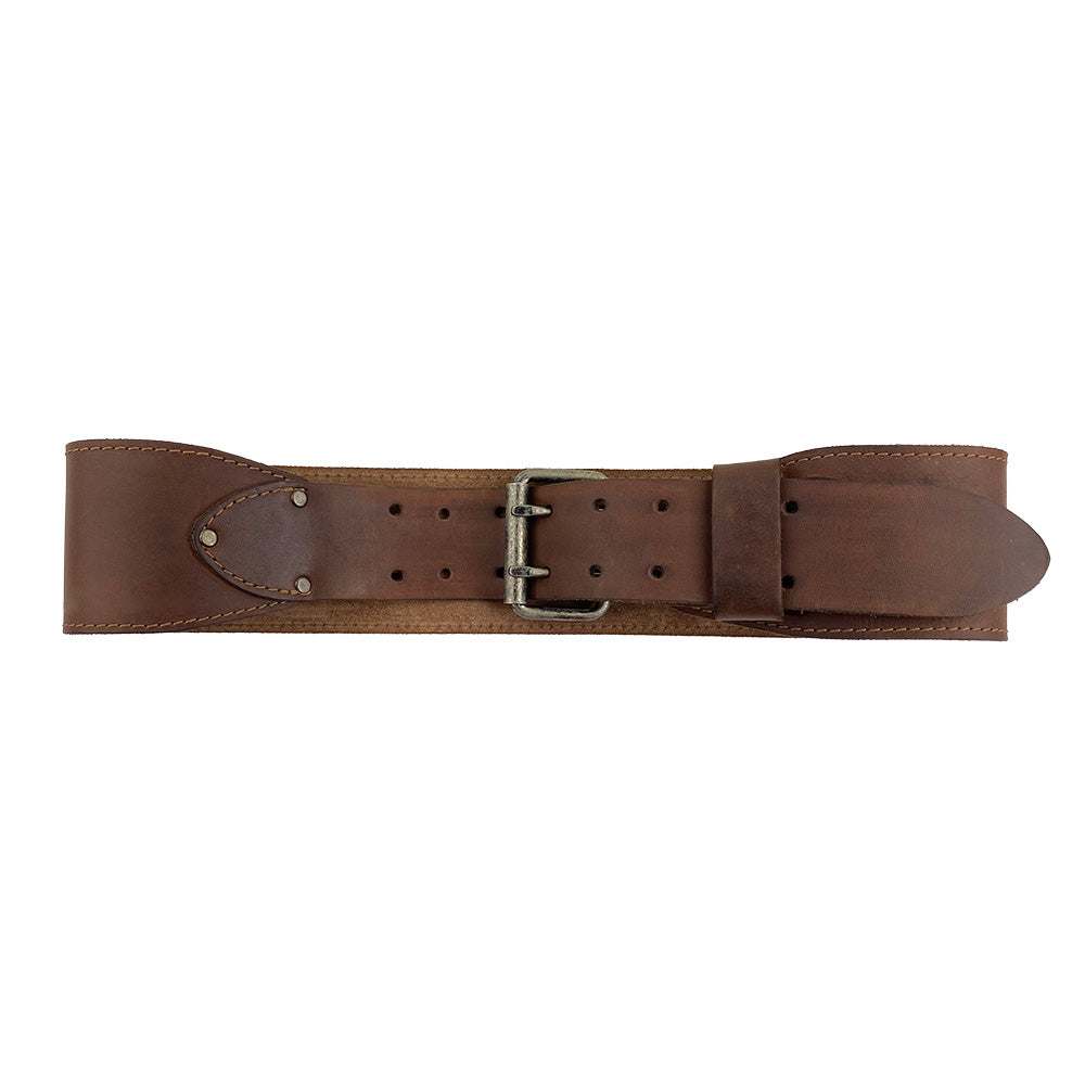 Top view of Hide & Drink’s Weightlifting Belt, highlighting its classic design and durable full grain leather. This double prong belt is 3 in. wide and accommodates waist sizes from 31 in. to 38 in. An artisan handmade piece from La Antigua Guatemala & Oaxaca Mexico, ensuring quality through small batch production.