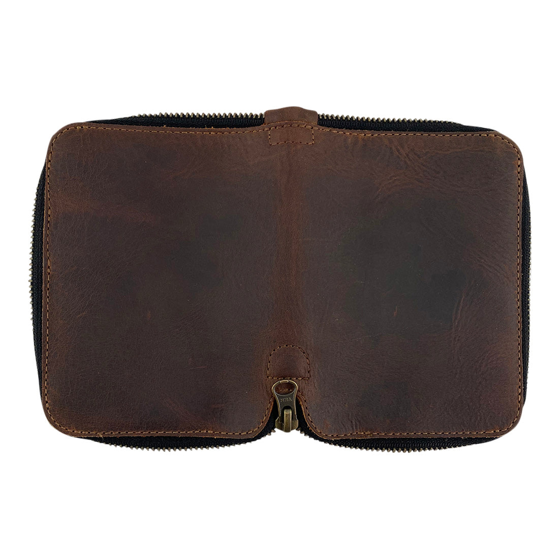 Back view of the Zippered Passport Wallet by Hide & Drink, highlighting the sleek design and quality stitching of the Full Grain Leather. Zippered Passport Wallet Handmade from Full Grain Leather - Storage Case for Identification, Credit Cards, Cash Full Grain Leather, StockyardX, Small Batch Production, Hand Cut, Hand Sewn, Fire Branded, Artisan, Handmade in La Antigua Guatemala & Oaxaca Mexico.