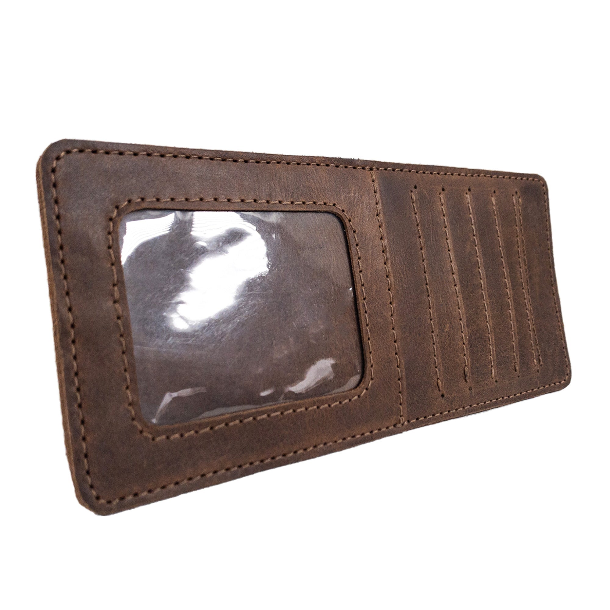 Side view of Heather's Vertical Cards & ID Organizer displaying the unique texture of Full Grain Leather, highlighting the Hand Sewn details typical of StockyardX's Artisan products crafted in small batches.