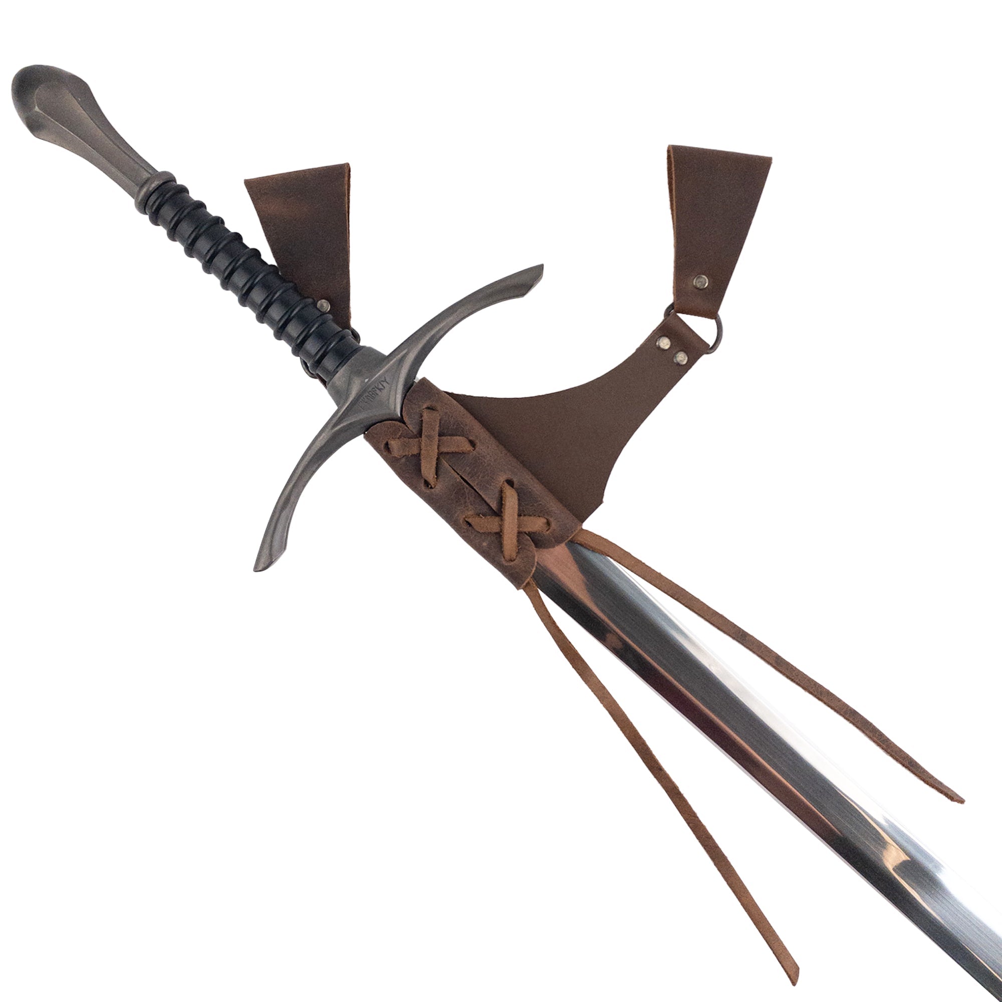 Another angle of the Dangling Sword Holder from Hide & Play, displaying a sword in the elegantly designed full grain leather holder. A perfect fantasy cosplay and historical costume accessory, crafted by local artisans in small batches in La Antigua Guatemala and Oaxaca Mexico.